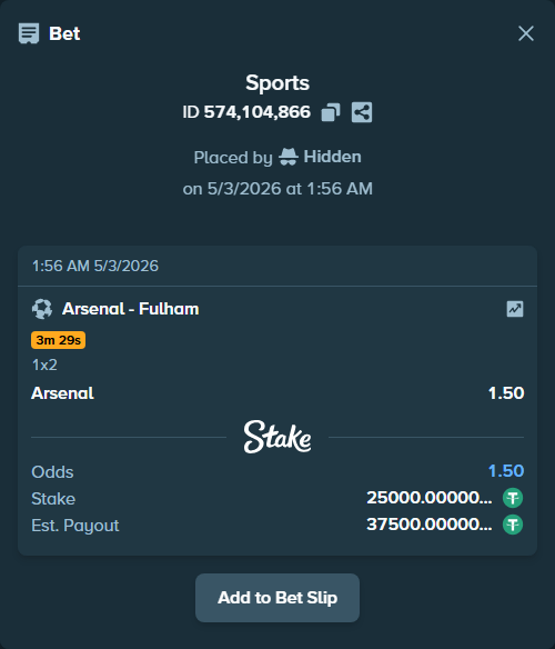 Bet slip: Arsenal - Fulham, $25,000.00 stake at 1.50 odds, placed by Hidden