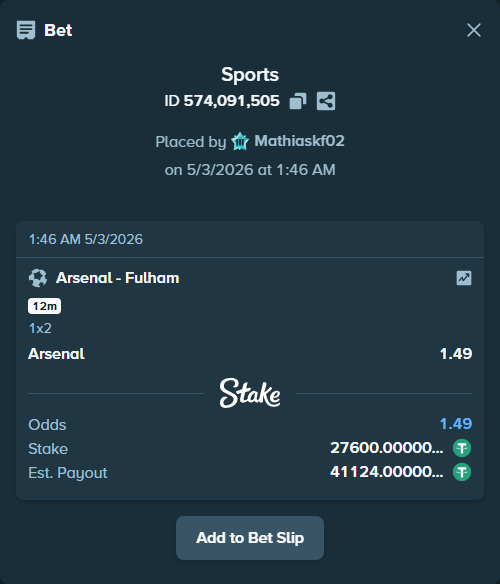 Bet slip: Arsenal - Fulham, $27,600.00 stake at 1.49 odds, placed by Mathiaskf02