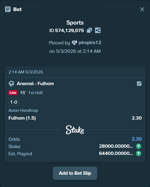 Bet slip: Arsenal - Fulham, $28,000.00 stake at 2.30 odds, placed by piropiro12
