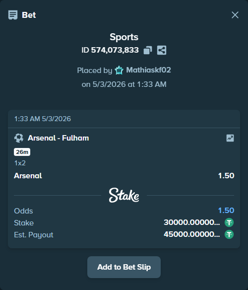 Bet slip: Arsenal - Fulham, $30,000.00 stake at 1.50 odds, placed by Mathiaskf02