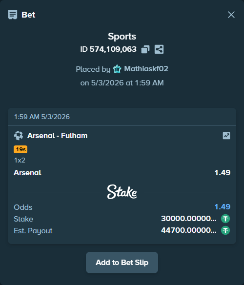 Bet slip: Arsenal - Fulham, $30,000.00 stake at 1.49 odds, placed by Mathiaskf02