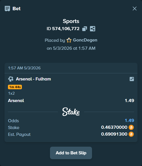 Bet slip: Arsenal - Fulham, $32,459.00 stake at 1.49 odds, placed by GoncDegen