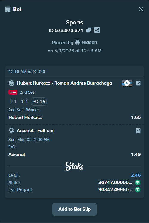 Bet slip: Arsenal - Fulham, $36,747.00 stake at 1.49 odds, placed by Hidden