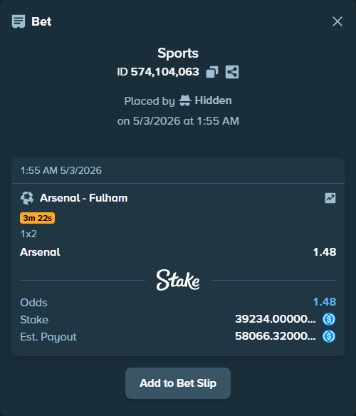 Bet slip: Arsenal - Fulham, $39,234.00 stake at 1.48 odds, placed by Hidden