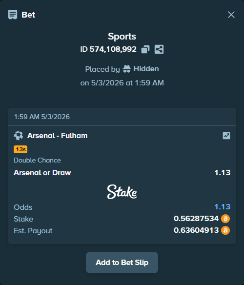 Bet slip: Arsenal - Fulham, $39,401.27 stake at 1.13 odds, placed by Hidden