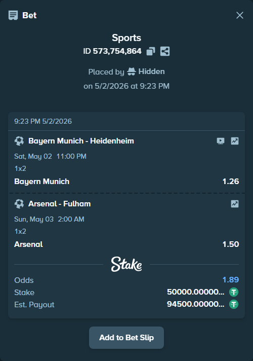 Bet slip: Arsenal - Fulham, $50,000.00 stake at 1.50 odds, placed by Hidden