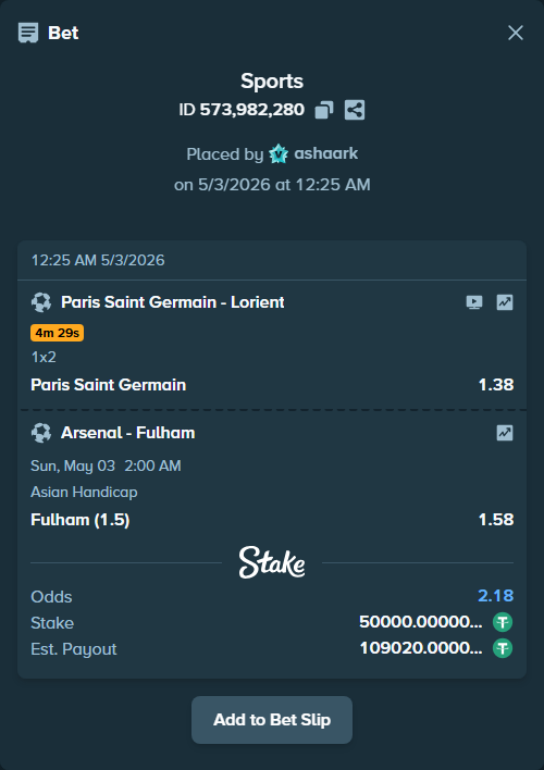 Bet slip: Arsenal - Fulham, $50,000.00 stake at 1.58 odds, placed by ashaark