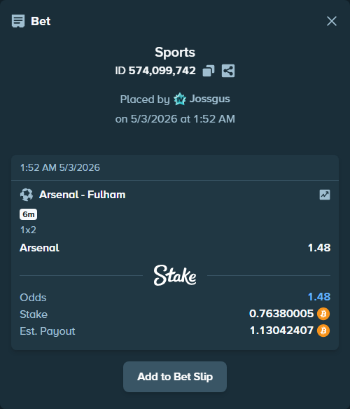 Bet slip: Arsenal - Fulham, $53,466.00 stake at 1.48 odds, placed by Jossgus