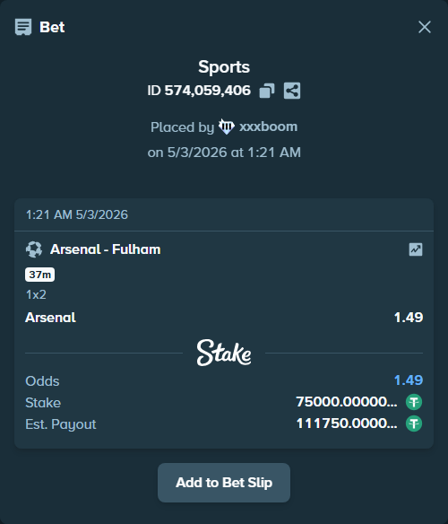 Bet slip: Arsenal - Fulham, $75,000.00 stake at 1.49 odds, placed by xxxboom