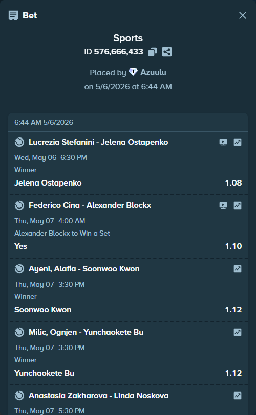 Bet slip: Aryna Sabalenka - Barbora Krejcikova, $165,620.72 stake at 1.08 odds, placed by Azuulu