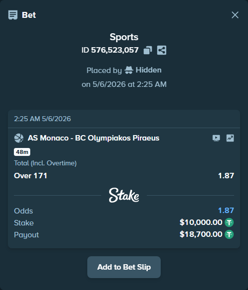 Bet slip: AS Monaco - BC Olympiakos Piraeus, $10,000.00 stake at 1.87 odds, placed by Hidden