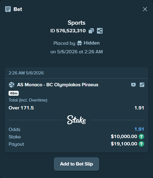 Bet slip: AS Monaco - BC Olympiakos Piraeus, $10,000.00 stake at 1.91 odds, placed by Hidden