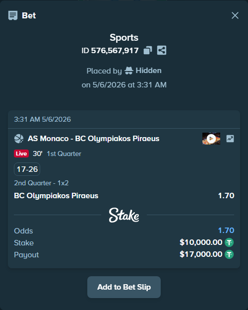 Bet slip: AS Monaco - BC Olympiakos Piraeus, $10,000.00 stake at 1.70 odds, placed by Hidden