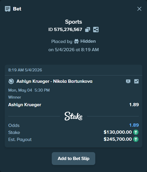 Bet slip: Ashlyn Krueger - Nikola Bartunkova, $130,000.00 stake at 1.89 odds, placed by Hidden