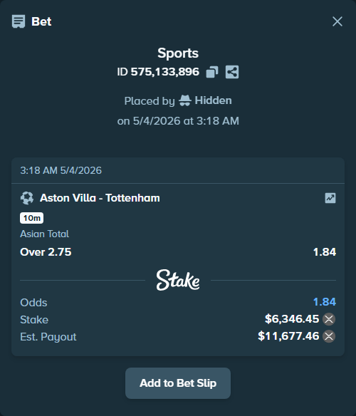 Bet slip: Aston Villaocc - Tottenham, $11,372.83 stake at 1.84 odds, placed by Hidden