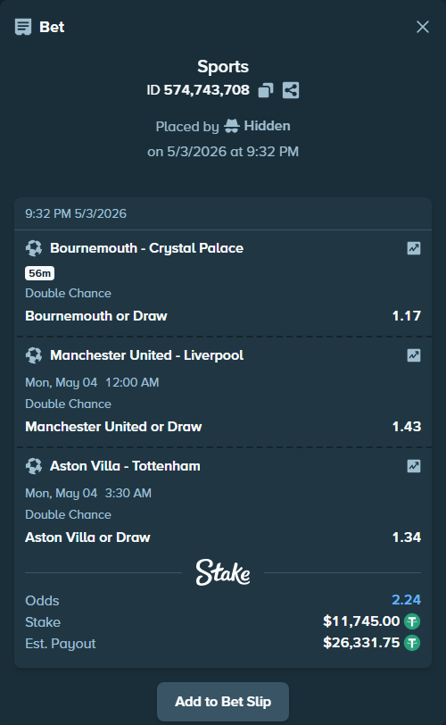 Bet slip: Aston Villaocc - Tottenham, $11,745.00 stake at 1.34 odds, placed by Hidden