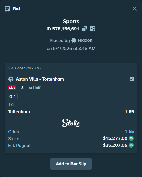 Bet slip: Aston Villaocc - Tottenham, $15,277.00 stake at 1.65 odds, placed by Hidden