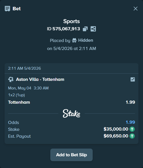 Bet slip: Aston Villaocc - Tottenham, $35,000.00 stake at 1.99 odds, placed by Hidden