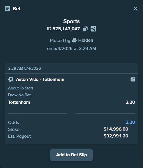 Bet slip: Aston Villaocc - Tottenham, $35,600.51 stake at 2.20 odds, placed by Othmane2kiks