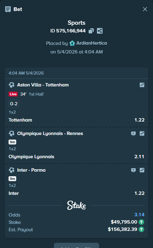Bet slip: Aston Villaocc - Tottenham, $49,795.00 stake at 1.22 odds, placed by ArdianHertica