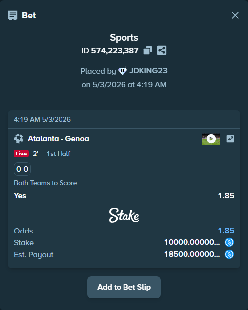 Bet slip: Atalanta - Genoa, $10,000.00 stake at 1.85 odds, placed by JDKING23