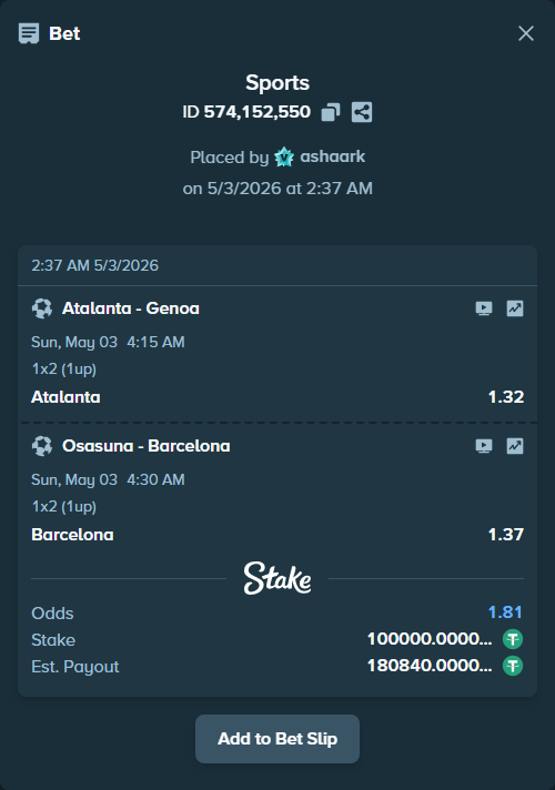 Bet slip: Atalanta - Genoa, $100,000.00 stake at 1.32 odds, placed by ashaark