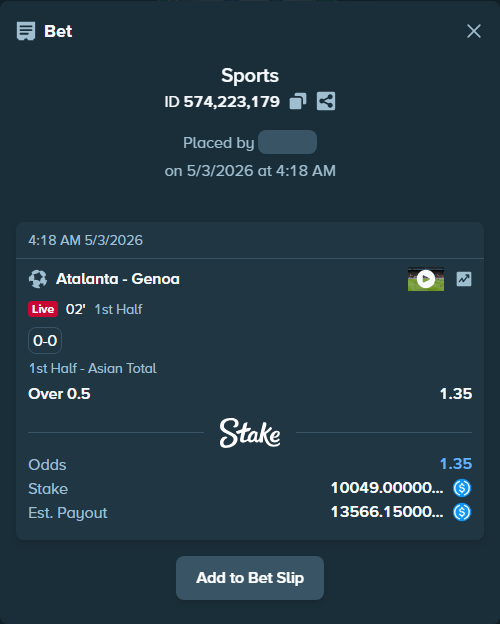 Bet slip: Atalanta - Genoa, $10,049.00 stake at 1.35 odds, placed by JDKING23