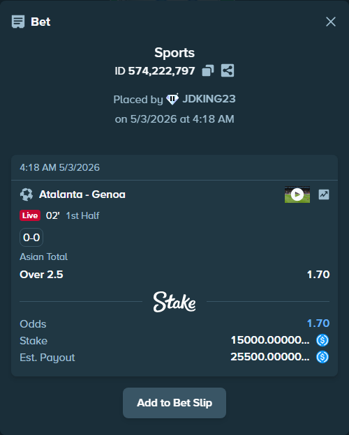 Bet slip: Atalanta - Genoa, $15,000.00 stake at 1.70 odds, placed by JDKING23