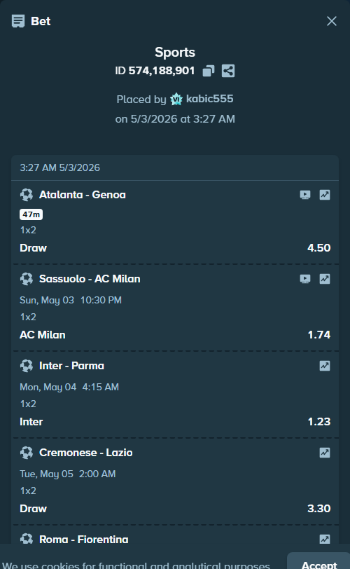 Bet slip: Atalanta - Genoa, $16,755.20 stake at 4.50 odds, placed by kabic555
