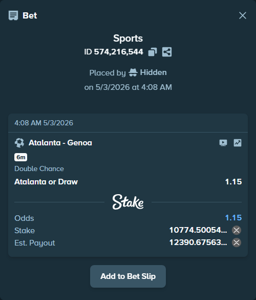 Bet slip: Atalanta - Genoa, $26,936.25 stake at 1.15 odds, placed by Hidden