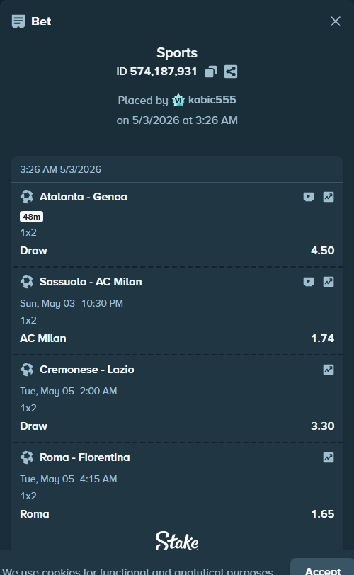 Bet slip: Atalanta - Genoa, $36,258.74 stake at 4.50 odds, placed by kabic555