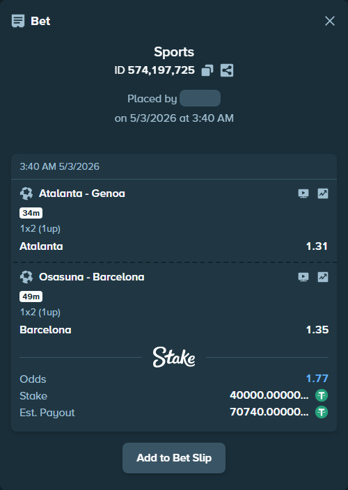 Bet slip: Atalanta - Genoa, $40,000.00 stake at 1.31 odds, placed by ashaark