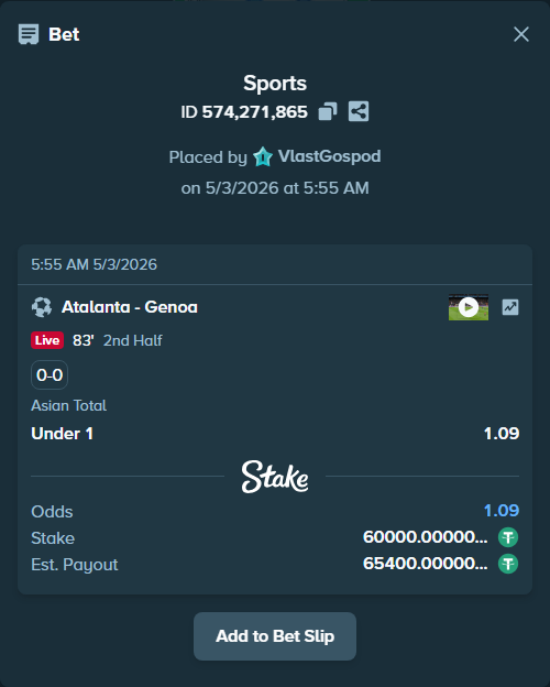 Bet slip: Atalanta - Genoa, $60,000.00 stake at 1.09 odds, placed by VlastGospod
