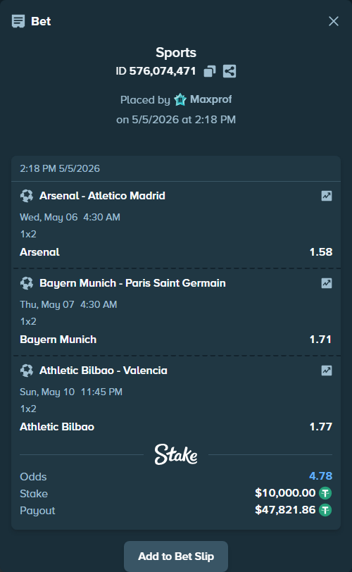 Bet slip: Athletic Bilbao - Valencia, $10,000.00 stake at 1.77 odds, placed by Maxprof