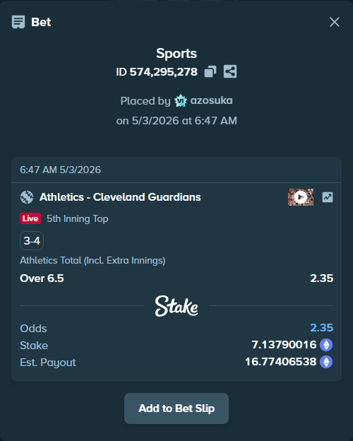 Bet slip: Athletics - Cleveland Guardians, $24,982.65 stake at 2.35 odds, placed by azosuka