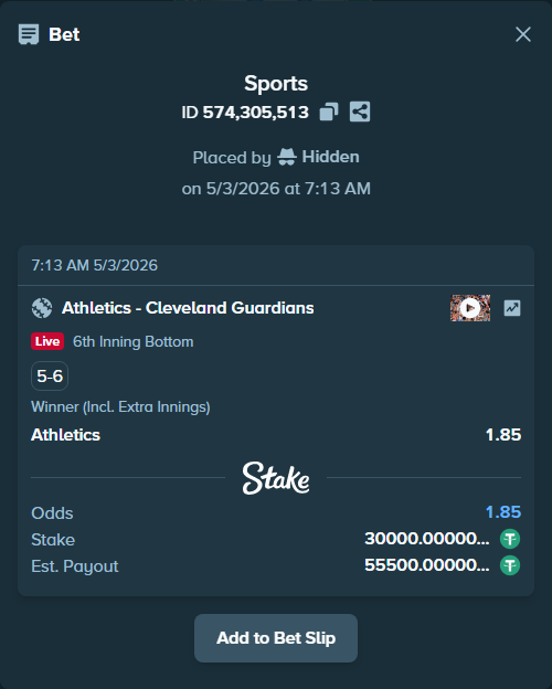 Bet slip: Athletics - Cleveland Guardians, $30,000.00 stake at 1.85 odds, placed by Hidden