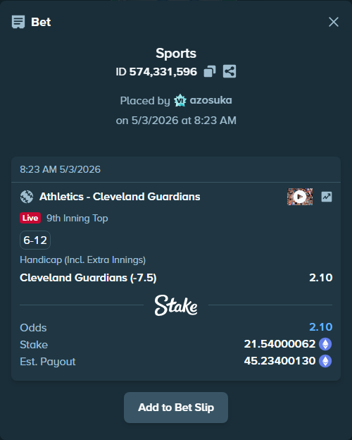 Bet slip: Athletics - Cleveland Guardians, $75,390.00 stake at 2.10 odds, placed by azosuka
