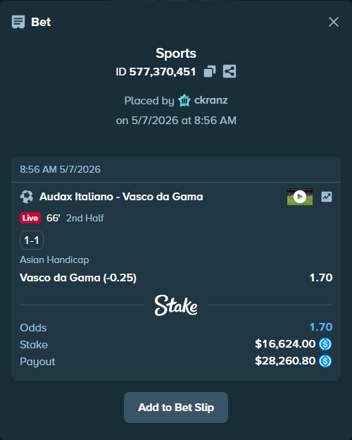 Bet slip: Audax Italiano - Vasco da Gama, $16,624.00 stake at 1.70 odds, placed by ckranz