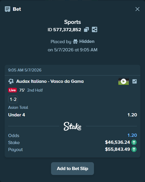 Bet slip: Audax Italiano - Vasco da Gama, $46,536.24 stake at 1.20 odds, placed by Hidden