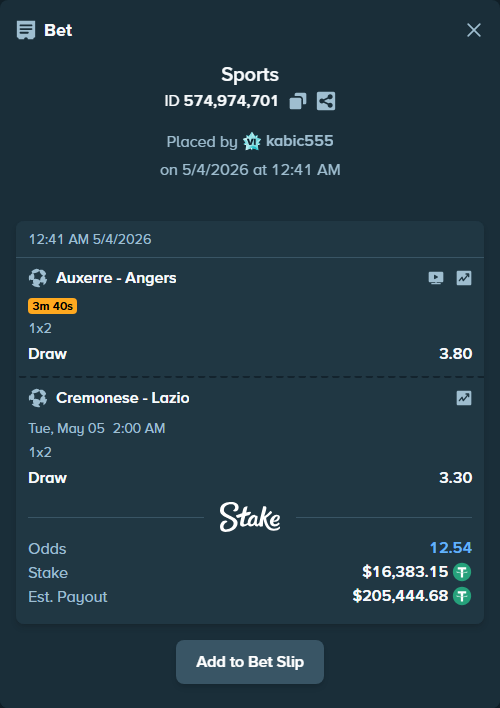 Bet slip: Auxerre - Angers, $16,383.15 stake at 3.80 odds, placed by kabic555