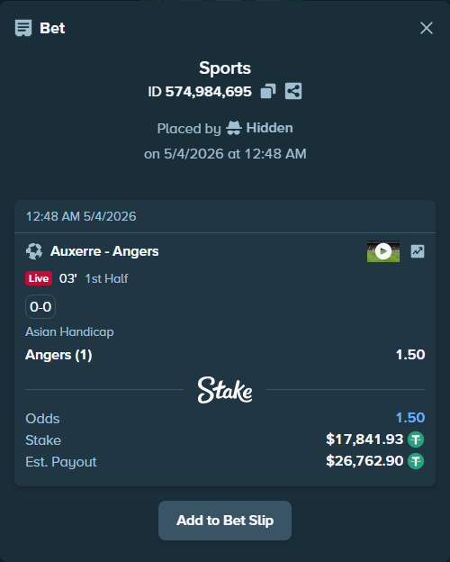 Bet slip: Auxerre - Angers, $17,841.93 stake at 1.50 odds, placed by Hidden