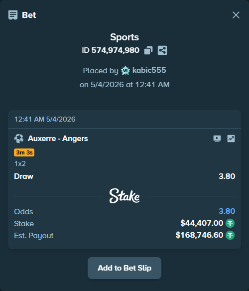 Bet slip: Auxerre - Angers, $44,407.00 stake at 3.80 odds, placed by kabic555