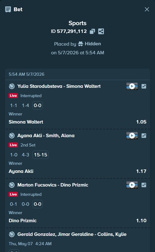Bet slip: Ayana Akli - Smith, Alana, $12,968.80 stake at 1.17 odds, placed by Hidden
