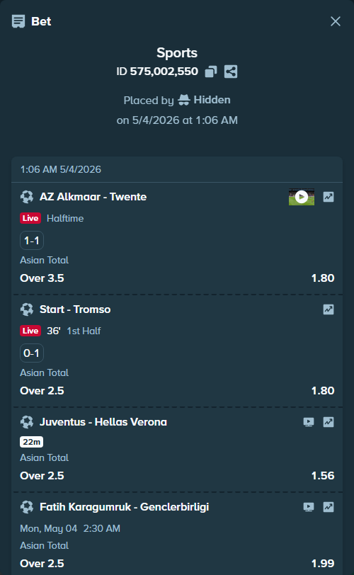 Bet slip: AZ Alkmaar - Twente, $10,000.00 stake at 1.80 odds, placed by Hidden