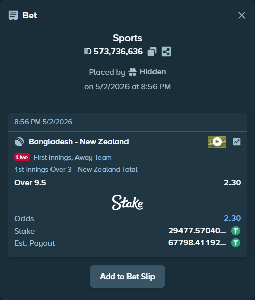 Bet slip: Bangladesh - New Zealand, $29,477.57 stake at 2.30 odds, placed by Hidden