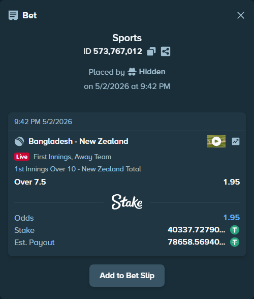 Bet slip: Bangladesh - New Zealand, $40,337.73 stake at 1.95 odds, placed by Hidden