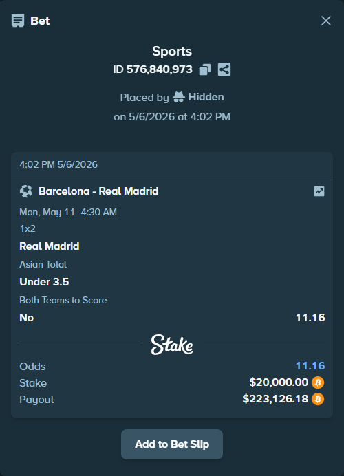 Bet slip: Barcelona - Real Madrid, $17,234.00 stake at 3.75 odds, placed by Hidden