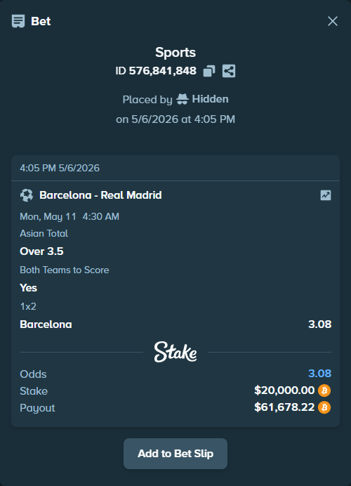 Bet slip: Barcelona - Real Madrid, $17,234.00 stake at 1.67 odds, placed by Hidden