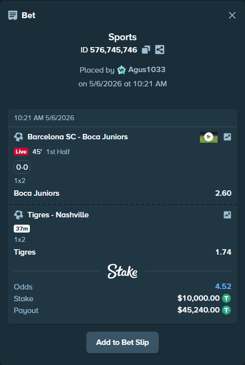 Bet slip: Barcelona SC - Boca Juniors, $10,000.00 stake at 2.60 odds, placed by Agus1033