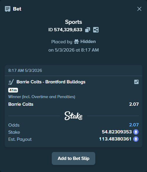 Bet slip: Barrie Colts - Brantford Bulldogs, $191,880.83 stake at 2.07 odds, placed by Hidden